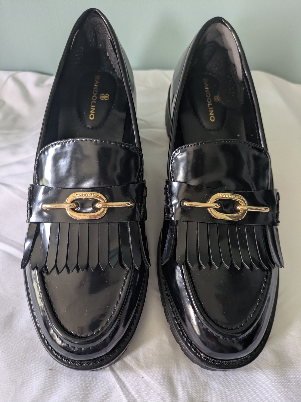 Bandolino Florida Lug Sole Black Patent Kiltie Loafers with Gold Hardware
